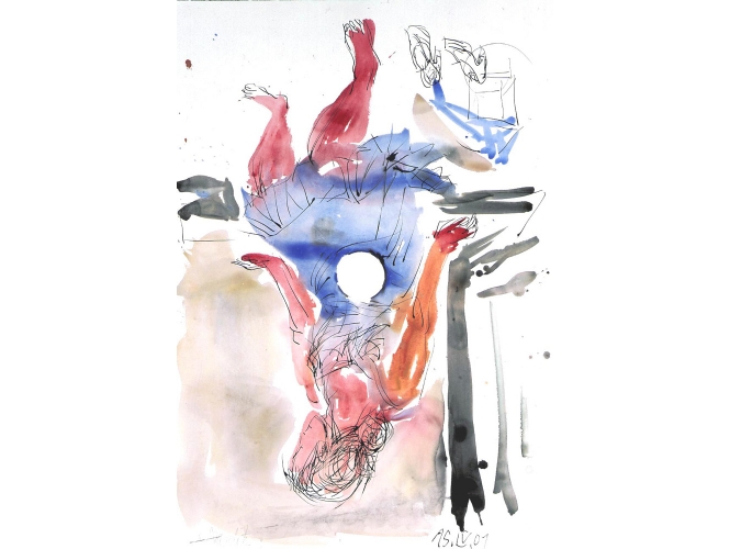 Sans titre – 15.IV.01 % Plume d'encre, aquarelle et encre sur papier<br/>100 x 70 cm <br/>(GBZ 4662)<br/><br/>Feather pen, watercolor and ink on paper<br/>100 x 70 cm <br/>(GBZ 4662)<br/><br/>