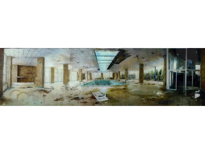 Piscina, 2010 % Huile sur plexiglas<br/>Oil on plexiglass<br/>48,5 x 170 cm<br/><br/>