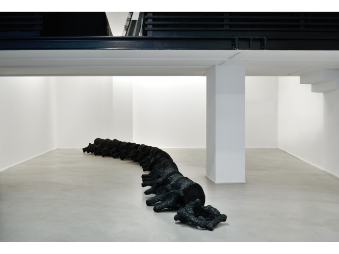 Back Bone, 2012 % Charbon de bois et pulpe de chiffon en coton, fixateur en polyuréthane<br/>915 x 82 x 52 cm<br/>Vue de l'exposition, Galerie Suzanne Tarasieve / LOFT 19, Paris, 2013<br/><br/>Wood charcoal with cotton rag pulp, polyurethane<br/>915 x 82 x 52 cm<br/>Exhibition view, Galerie Suzanne Tarasieve / LOFT 19, Paris, 2013<br/><br/>Photo: Rebecca Fanuele<br/><br/>