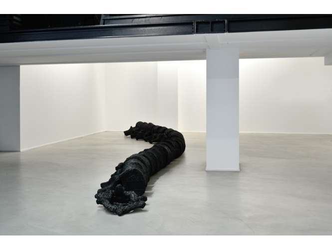Back Bone, 2012 % Charbon de bois et pulpe de chiffon en coton, fixateur en polyuréthane<br/>915 x 82 x 52 cm<br/>Vue de l'exposition, Galerie Suzanne Tarasieve / LOFT 19, Paris, 2013<br/><br/>Wood charcoal with cotton rag pulp, polyurethane<br/>915 x 82 x 52 cm<br/>Exhibition view, Galerie Suzanne Tarasieve / LOFT 19, Paris, 2013<br/><br/>Photo: Rebecca Fanuele<br/><br/>