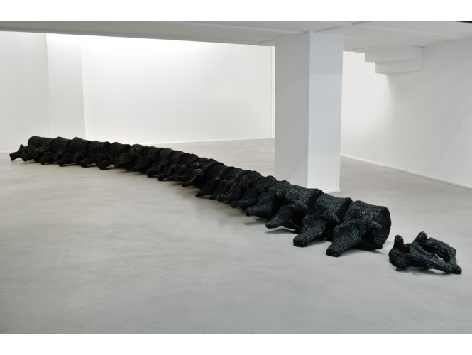 Back Bone, 2012 % Charbon de bois et pulpe de chiffon en coton, fixateur en polyuréthane<br/>915 x 82 x 52 cm<br/>Vue de l'exposition, Galerie Suzanne Tarasieve / LOFT 19, Paris, 2013<br/><br/>Wood charcoal with cotton rag pulp, polyurethane<br/>915 x 82 x 52 cm<br/>Exhibition view, Galerie Suzanne Tarasieve / LOFT 19, Paris, 2013<br/><br/>Photo: Rebecca Fanuele<br/><br/>