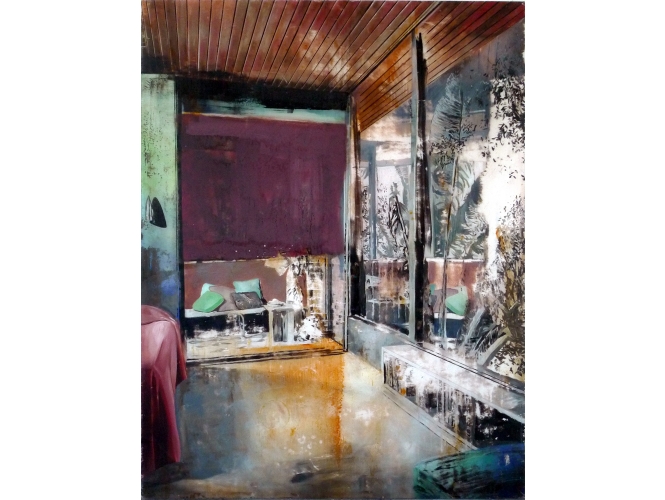 Bungalow, 2010 % Huile et acrylique sur plexiglas<br/>Oil and acrylic on plexiglass<br/>130 x 100 cm<br/><br/>