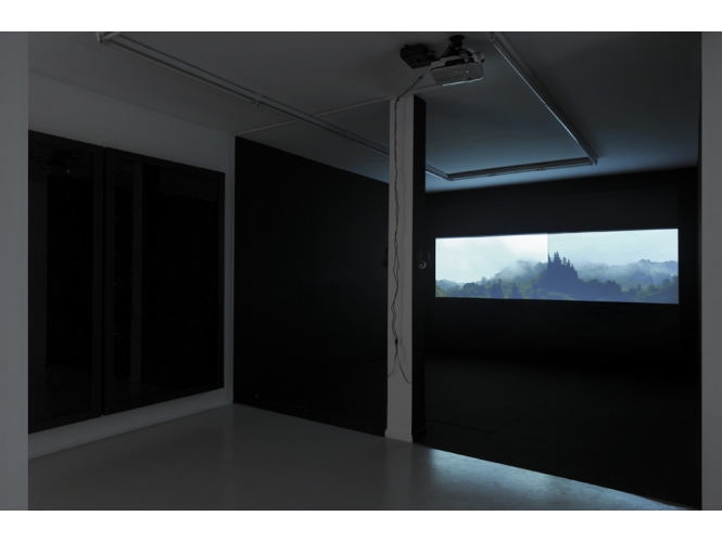 Le paysage, 2012 % Vidéo couleur et sonore <br/>Edition de 3 ex. <br/>Vue de l'exposition, Galerie Suzanne Tarasieve, Paris, 2012<br/>© Rebecca Fanuele<br/><br/>