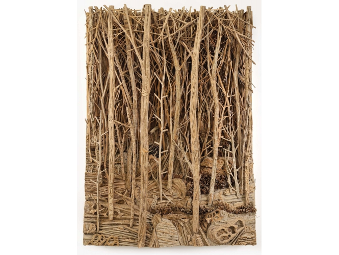 Forêt % Carton, bois, colle<br/>Cardboard, wood, glue<br/>195 x 140 x 25 cm<br/><br/>