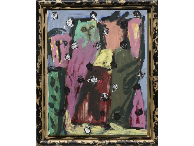 Eule + Mädchen, 2009 % Acrylique sur toile<br/>Acrylic on canvas<br/>100 x 81 cm (39 3/8 x 31 7/8 in.)<br/>116 x 97 cm (45 5/8 x 38 1/4 in.) encadré / framed <br/><br/>
