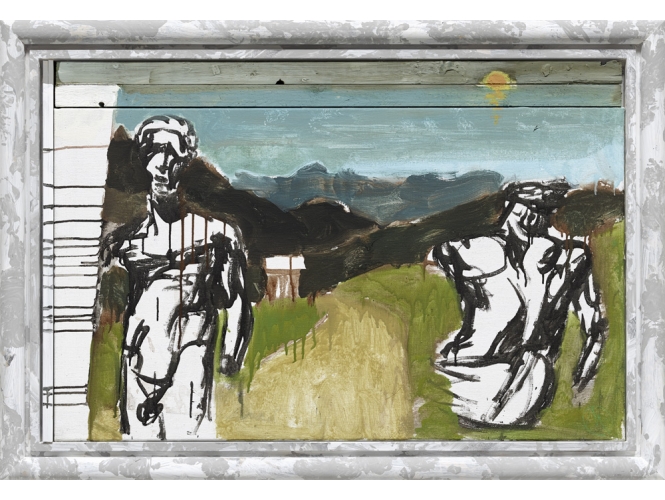 Weißes Dach, 2013 % Technique mixte sur bois et toile<br/>Mixed media on wood and canvas<br/>69 x 104 cm (27 1/8 x 41 in.)<br/>83 x 120 cm (32 5/8 x 47 1/4 in.) encadré / framed<br/><br/>