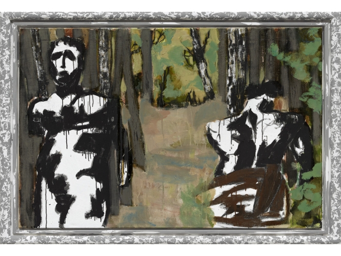 Waldweg, 2013 % Technique mixte sur toile<br/>Mixed media on canvas<br/>100 x 130 cm (39 3/8 x 51 1/8 in.)<br/>116 x 146 cm (45 5/8 x 57 1/2 in.) encadré / framed<br/><br/>