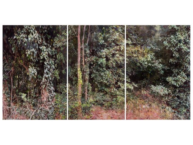 Second Nature, 2014 % Triptyque, huile sur plexiglas<br/>Triptych, oil on plexiglass<br/>200 x 390 cm <br/>(78 3/4 x 153 1/2 in.)<br/><br/>