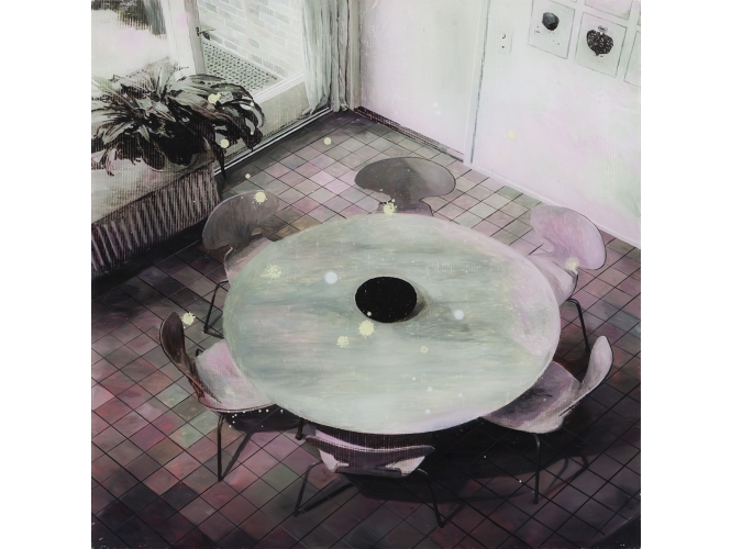 Mesa Redonda, 2014 % Huile sur plexiglas<br/>Oil on plexiglass<br/>84 x 84 cm <br/>(33 1/8 x 33 1/8 in.)<br/><br/>