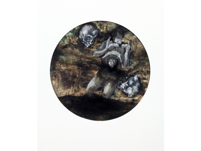 THE GIANT, 2014 % Huile, gouache, feuilles d’or et collage sur bois<br/>Oil, gouache, gold foils and collage on wood<br/>40 x 30 cm <br/>(15 3/4 x 11 3/4 in.)<br/><br/>
