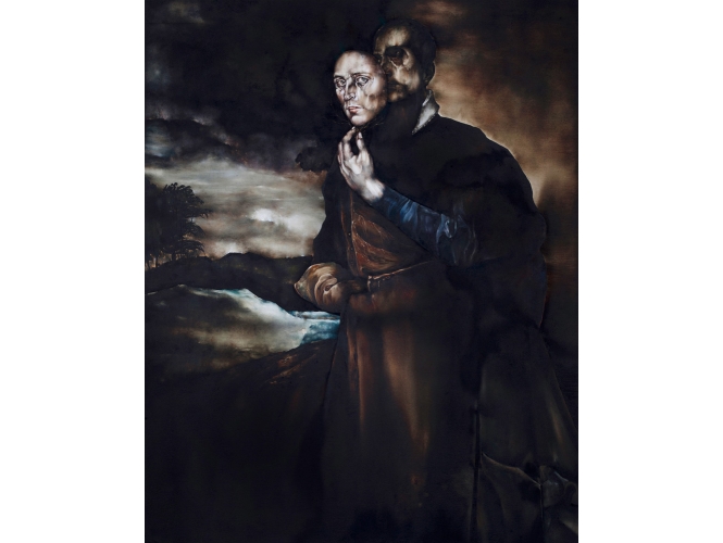 NARCISSE PORTANT SON MASQUE, 2015 % Huile sur bois<br/>Oil on wood<br/>75 x 60 cm <br/>(29 1/2 x 23 5/8 in.)<br/><br/>