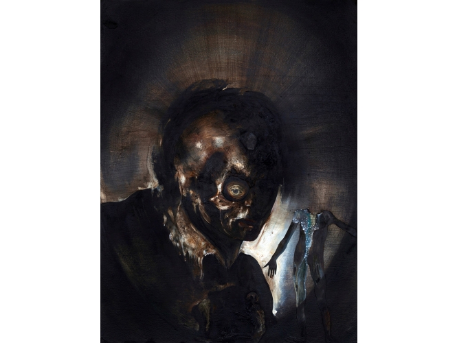 BEHIND THE MIRROR, LETTER TO LÉON SPILLIAERT, 2014 % Huile et collage sur bois<br/>Oil and collage on wood<br/>40 x 30 cm <br/>(15 3/4 x 11 3/4 in.)<br/><br/>