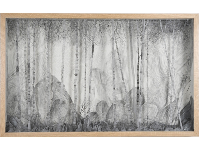Dessin 3, 2015 % Mine de plomb sur papier et papier calque<br/>Graphite on paper and tracing paper <br/>82 x 132 x 12,5 cm<br/><br/>Photo: Olivier Toggwiler<br/><br/>