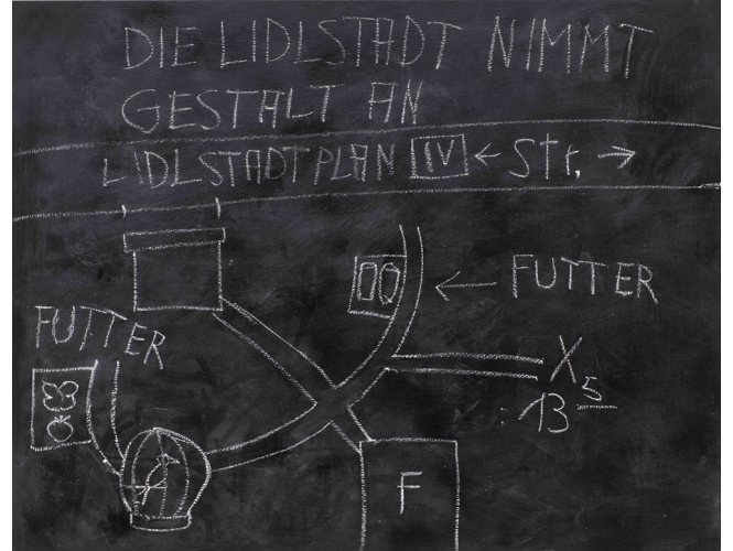 Die Lidlstadt nimmt Gestalt an, 1968 % Crayon sur bois / Crayon on wood<br/>70 x 90 cm<br/>(27 1/2 x 35 3/8 in.<br/>JI 295/WC<br/><br/>