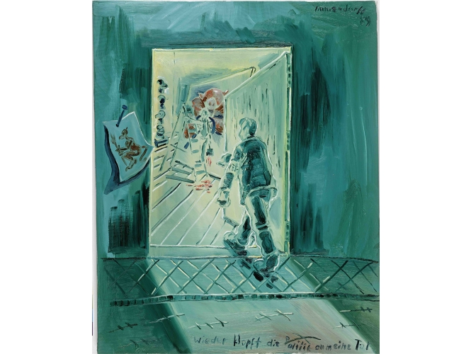 Wieder klopft die Politik an meine Tür, 1989 % Huile sur toile / Oil on canvas <br/>100 x 80 cm <br/>(39 3/8 x 31 1/2 in.)<br/>JI 670/00<br/><br/>