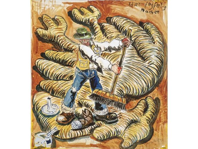 Adler flugfertig machen , 1992 % Huile sur toile / Oil on canvas <br/>55 x 60 cm	<br/>(21 5/8 x 23 5/8 in.)<br/><br/>