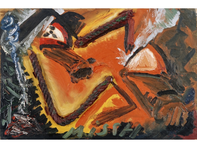 JÖRG IMMENDORFF, « Mischtechnik », 1981 % Technique mixte sur bois / Mixed media on wood<br/>40 x 60 cm  <br/>(15 3/4 x 23 5/8 in.)<br/><br/>
