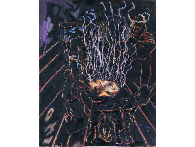 JÖRG IMMENDORFF, « Akademie 1 », 1984 % Huile sur toile / Oil on canvas<br/>250 x 200 cm <br/>(98 3/8 x 78 3/4 in.)<br/>JI 529/00<br/><br/>