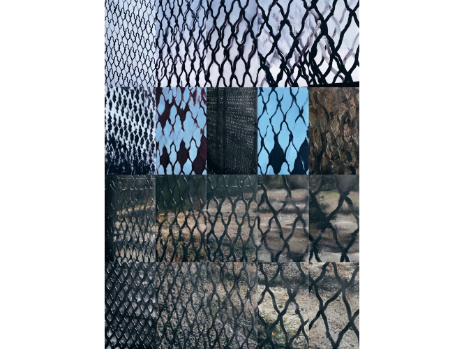 Recomposition, 2018 % Huile sur toile / Oil on canvas<br/>20 tableaux, <br/>41 x 24 cm chaque / each<br/>164 x 120 cm <br/>(64 5/8 x 47 1/4 in.)<br/></br>