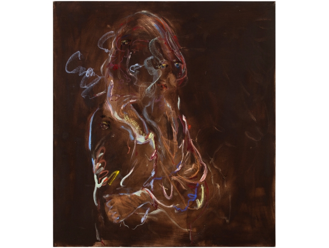 Temptation of Fabulous Figure and Highly Mournful Eyes, 2018 % Acrylique, pastel et huile sur toile / Acrylic, pastel and oil on canvas <br/>110 cm × 100 cm<br/>(43 1/4 x 39 3/8 in.)<br/><br/><br/>