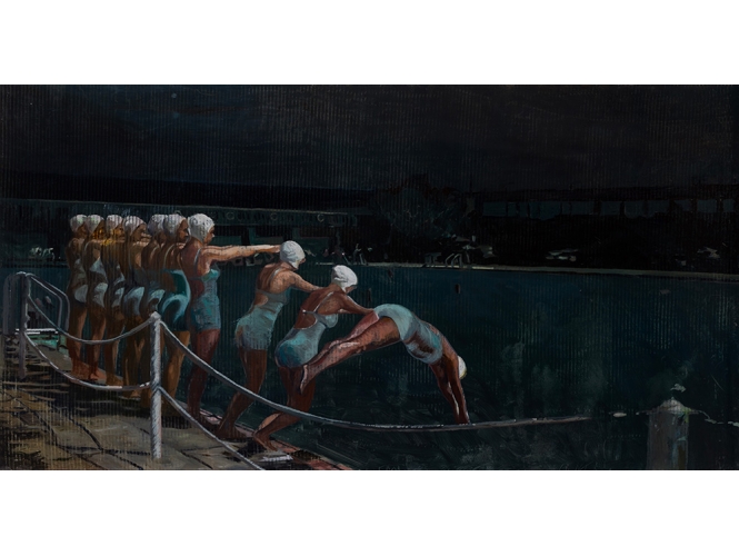 The Divers, 2019 % Huile sur plexiglas / Oil on plexiglas<br/>45 x 86 cm <br/>(17 3/4 x 33 7/8 in.)<br/><br/>