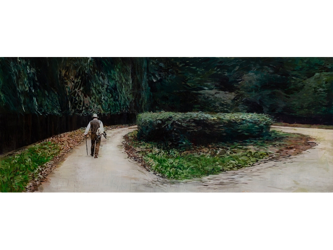 The Trail (after Sebald), 2019 % Huile sur plexiglas / Oil on plexiglas<br/>45 x 110 cm <br/>(17 3/4 x 43 1/4 in.)<br/><br/>