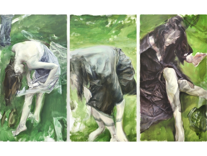 ALIN BOZBICIU % 'Maria as women of doubts', 2021 <br/>Huile sur toile, triptyque / Oil on canvas, triptych<br/>200 x 315 cm (78 3/4 x 124 in.)<br/>