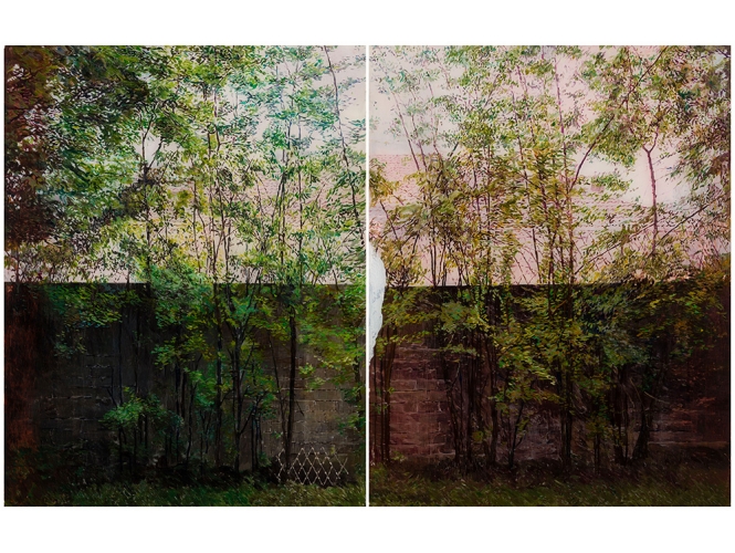GIL HEITOR CORTESÃO % 'Neighborhood (diptych)', 2019 <br/>Huile sur plexiglas, diptyque / Oil on plexiglas, diptych<br/>130 x 200 cm <br/>(51 1/8 x 78 3/4 in.)