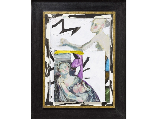 MARKUS LÜPERTZ % 'Ohne Titel', 2016<br/>Technique mixte, collage sur bois et carton / Mixed media, collage on wood and cardboard<br/>77,5 x 57 cm <br/>(30 1/2 x 22 1/2 in.)