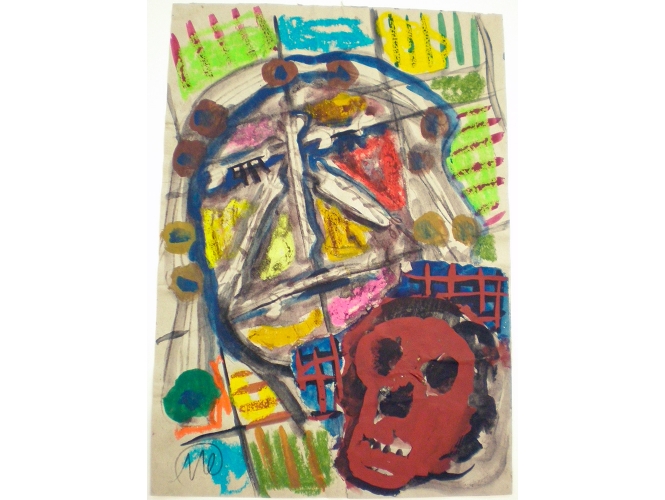 MARKUS LÜPERTZ % 'Ohne Titel (Männer ohne Frauen - Parsifal)', 1993 <br/>Gouache, crayon de cire, crayon / Gouache, wax crayon, pencil<br/>33,9 x 23,8 cm (13 3/8 x 9 3/8 in.)