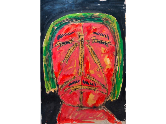 MARKUS LÜPERTZ % 'Ohne Titel (Männer ohne Frauen - Parsifal)', 1995<br/>Gouache sur carton  / Gouache on cardboard<br/>82 x 50 cm <br/>(32 1/4 x 19 5/8 in.)
