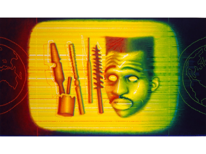 ED PASCHKE % 'Tool World', 1990<br/>Huile sur toile / Oil on canvas <br/>101,6 x 177,8 cm <br/>(40 x 70 in.)