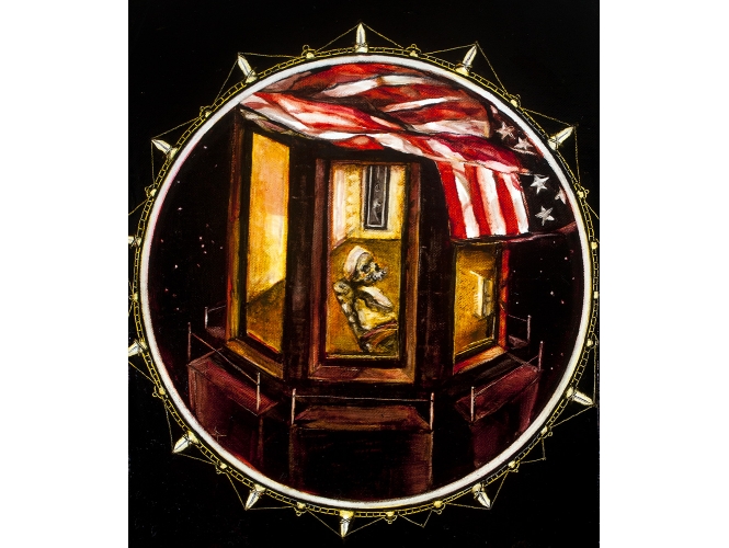 TERRY TAYLOR % 'Osama Bin Laden - The Hit List', 2013 <br/>Huile sur toile de lin / Oil on linen<br/>22 x 18,5 cm <br/>(8 5/8 x 7 1/4 in.)