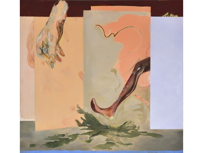 En appelant l’avenir à revenir, 2023 % Acrylique et huile sur toile / Acrylic and oil on canvas<br/>150 x 160 cm<br/>(59 x 63 in.)