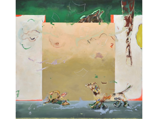 Klaus et Lucas (Lettres volées), 2023 % Acrylique et huile sur toile / Acrylic and oil on canvas<br/>150 x 160 cm  <br/>(59 x 63 in.)<br/></br>
